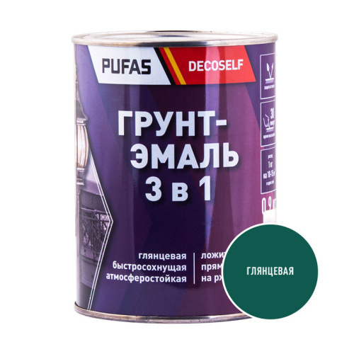 Грунт-эмаль Pufas Decoself 3 в 1 глянцевая зелёная (0,9 кг), тов-200088 купить за 680 руб. в Новосибирске