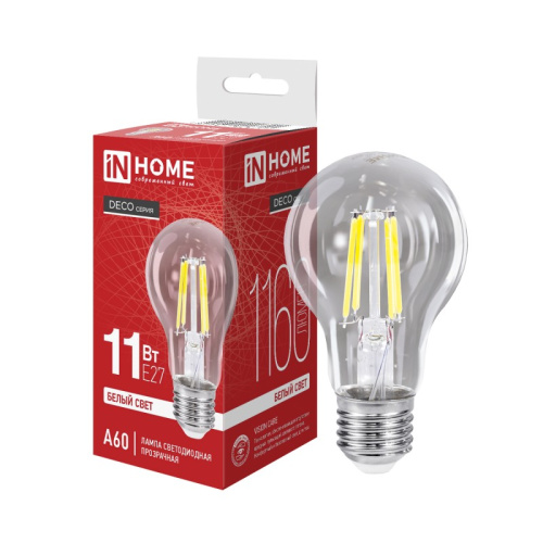 Лампа светодиодная LED-A60-deco 11Вт 230В Е27 4000К 990Лм прозрачная IN HOME купить за 154 руб. в Новосибирске