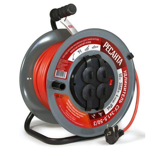 Удлинитель силовой на металлической катушке, СУ-3х1,5-50/3, 3500Вт, (с выкл., 4 розетки, IP44) Ресанта, 61/118/8 купить за 8 148 руб. в Новосибирске
