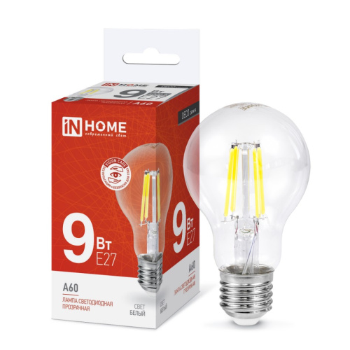 Лампа светодиодная LED-A60-deco 9Вт 230В  Е27 4000К 810Лм прозрачная IN HOME купить за 0 руб. в Новосибирске