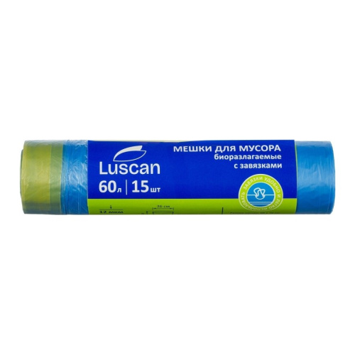 Мешки для мусора Luscan 60 л с завязками синие (ПНД 12 мкм, 15 штук), 328811 купить за 92 руб. в Новосибирске