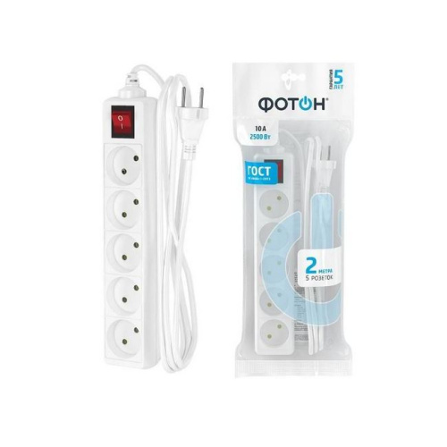 Удлинитель сетевой  ФОТОН 10-25S 5р 2м, 10А ,б/з, 2500Вт, выключатель (белый) купить за 629 руб. в Новосибирске