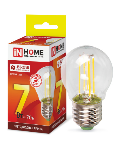 Лампа светодиодная LED-ШАР-deco 7Вт 230В  Е27 3000К 630Лм прозрачная IN HOME купить за 69 руб. в Новосибирске