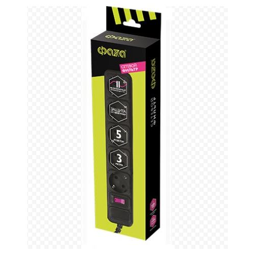 Сетевой фильтр ФAZA FOP-05GS-300  (5р,3м)  сечение кабеля 3х0,75 мм, 2200W, защита от перегрузки, bk-черный купить за 748 руб. в Новосибирске