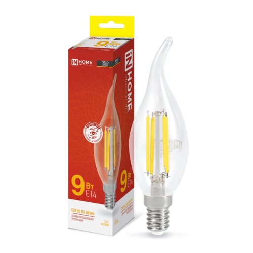 Лампа светодиодная LED-СВЕЧА НА ВЕТРУ-deco 9Вт 230В Е14 3000К 810Лм прозрачная IN HOME купить за 170 руб. в Новосибирске