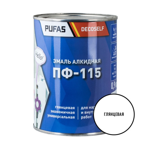 Эмаль Pufas Decoself ПФ-115 белая (0,9 кг), (дерево, штукатурка, ДСП, ДВП, камень, кирпич), тов-200161 купить за 552 руб. в Новосибирске