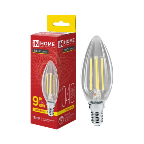 Лампа светодиодная LED-СВЕЧА-deco 9Вт 230В  Е14 3000К 810Лм прозрачная IN HOME купить за 154 руб. в Новосибирске