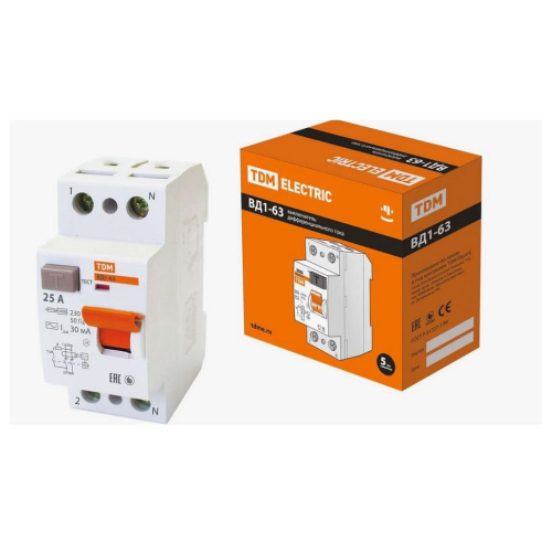 Выключатель дифференциальный (УЗО) 2-полюсное 25А 30мА (ВД1-63) TDM SQ0203-0008 купить за 1&nbsp;389 руб. в Новосибирске