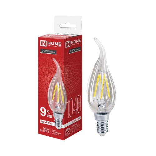 Лампа светодиодная LED-СВЕЧА НА ВЕТРУ-deco 9Вт 230В Е14 4000К 810Лм прозрачная IN HOME купить за 150 руб. в Новосибирске