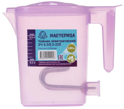 Электрочайник Мастерица ЭЧ 0,5/0,5-220С [пластик, 0.5 л, 500 Вт, открытый нагревательный элемент, фиолетовый] купить за 0 руб. в Новосибирске