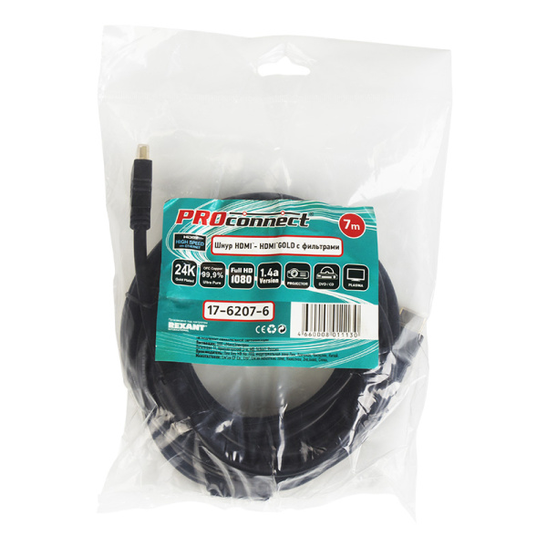 Шнур  HDMI - HDMI gold  7М с фильтрами (PE bag) PROCONNECT купить за 0 руб. в Новосибирске