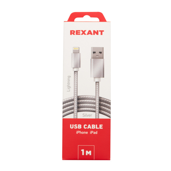 Кабель USB-A – Lightning для Apple, 2,4А, 1м, в серебристой нейлоновой оплетке REXANT купить за 425 руб. в Новосибирске