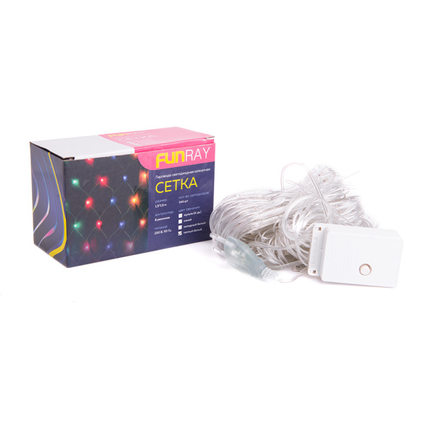 Гирлянда светод. «Cетка» ML-144WW, 1.5*1.5м, 144 LED, тепл.белый, IP20, прозрачный шнур 1,5м, Funray купить за 650 руб. в Новосибирске