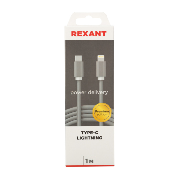 Кабель Type-C – Lightning для Apple, 3А, 1м, в нейлоновой серой оплетке, Power Delivery REXANT купить за 383 руб. в Новосибирске