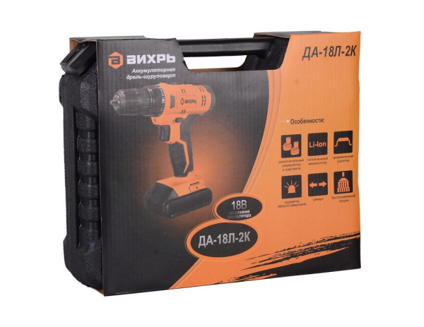 Дрель-шуруповерт аккумуляторная "ВИХРЬ" ДА-18Л-2К (Li-ion, 45Нм) 2 скорости, кейс, 2 аккум, 72/14/9 купить за 4&nbsp;656 руб. в Новосибирске