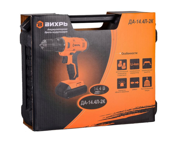 Дрель-шуруповерт аккумуляторная "ВИХРЬ" ДА-14,4Л-2К (Li-ion, 40Нм) 2скорости, кейс, 2 аккум, 72/14/8 купить за 4&nbsp;100 руб. в Новосибирске